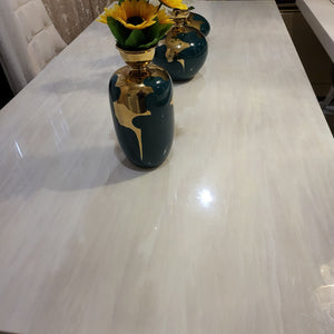 Modern Classy Marble Dining Table with 8 Cream Velvet in Silver Stainless Steel frame