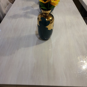 Modern Classy Marble Dining Table with 8 Cream Leather in Silver Stainless Steel frame