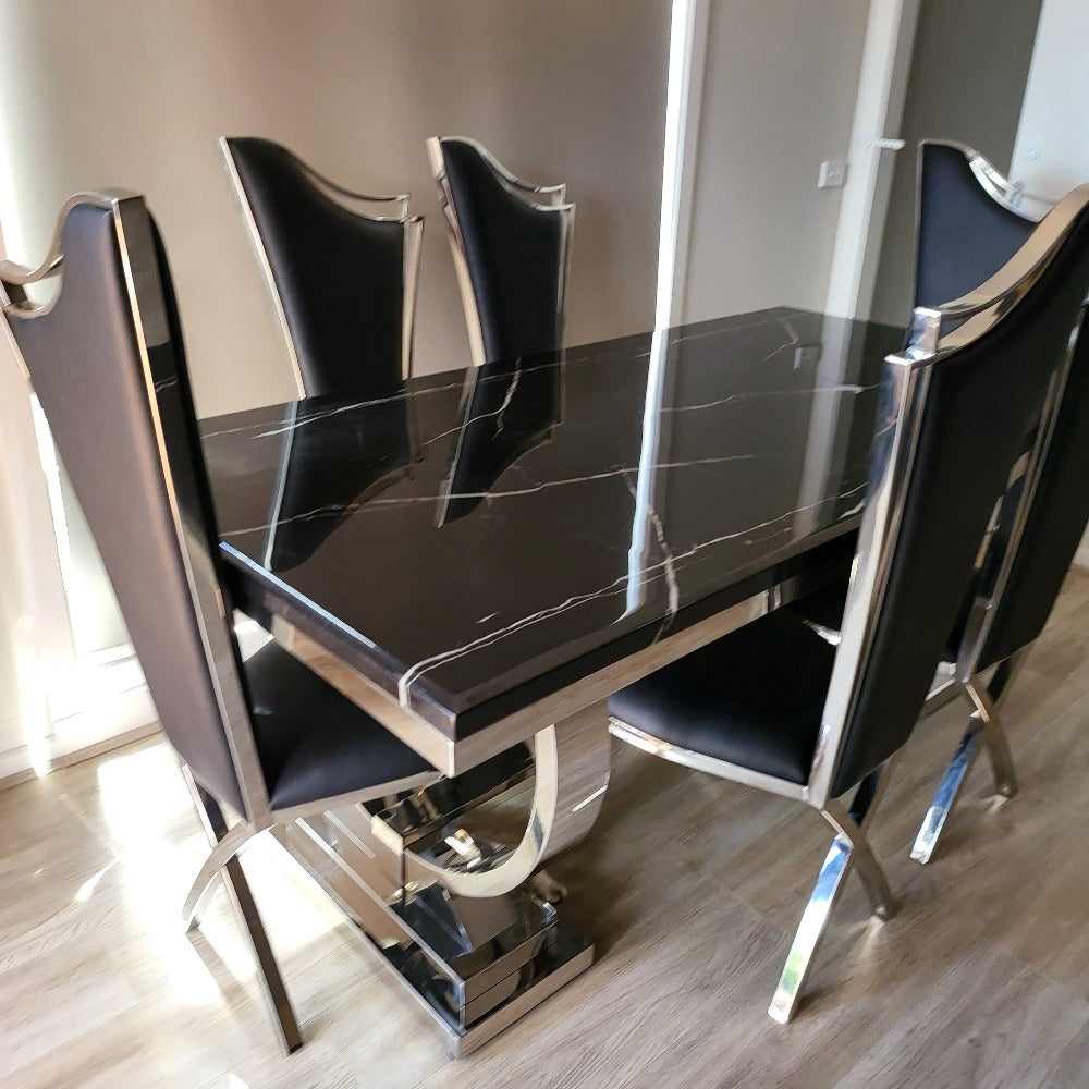 Classy Marble Dining Table With Black Leather Dining Room Chairs in Silver Stainless Steel Frame