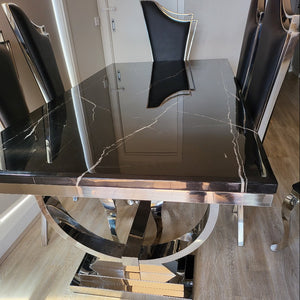 Classy Rectangular Marble Dining Table and Black Leather Dining Room Chairs with Silver Stainless Steel frame