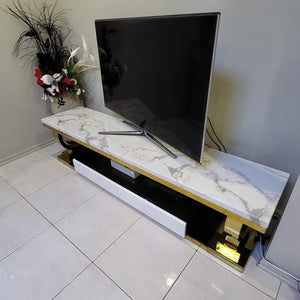 Modern TV Stand with 2 Drawers in White Grey Marble with Gold Stainless Steel Frame