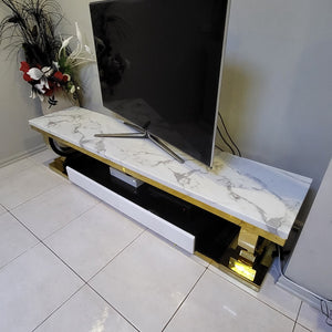 Modern TV Stand with 2 Drawers in Gold Stainless Steel Frame