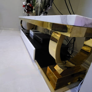 Marble TV Stand / Entertainment Unit with 2 drawers in Gold Stainless Steel frame
