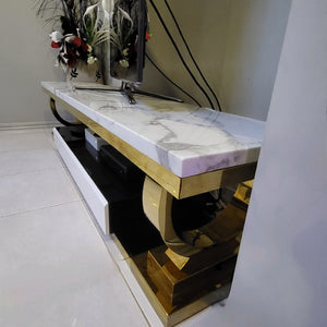 Modern Marble TV Stand with 2 drawers in Stainless Steel frame in Gold
