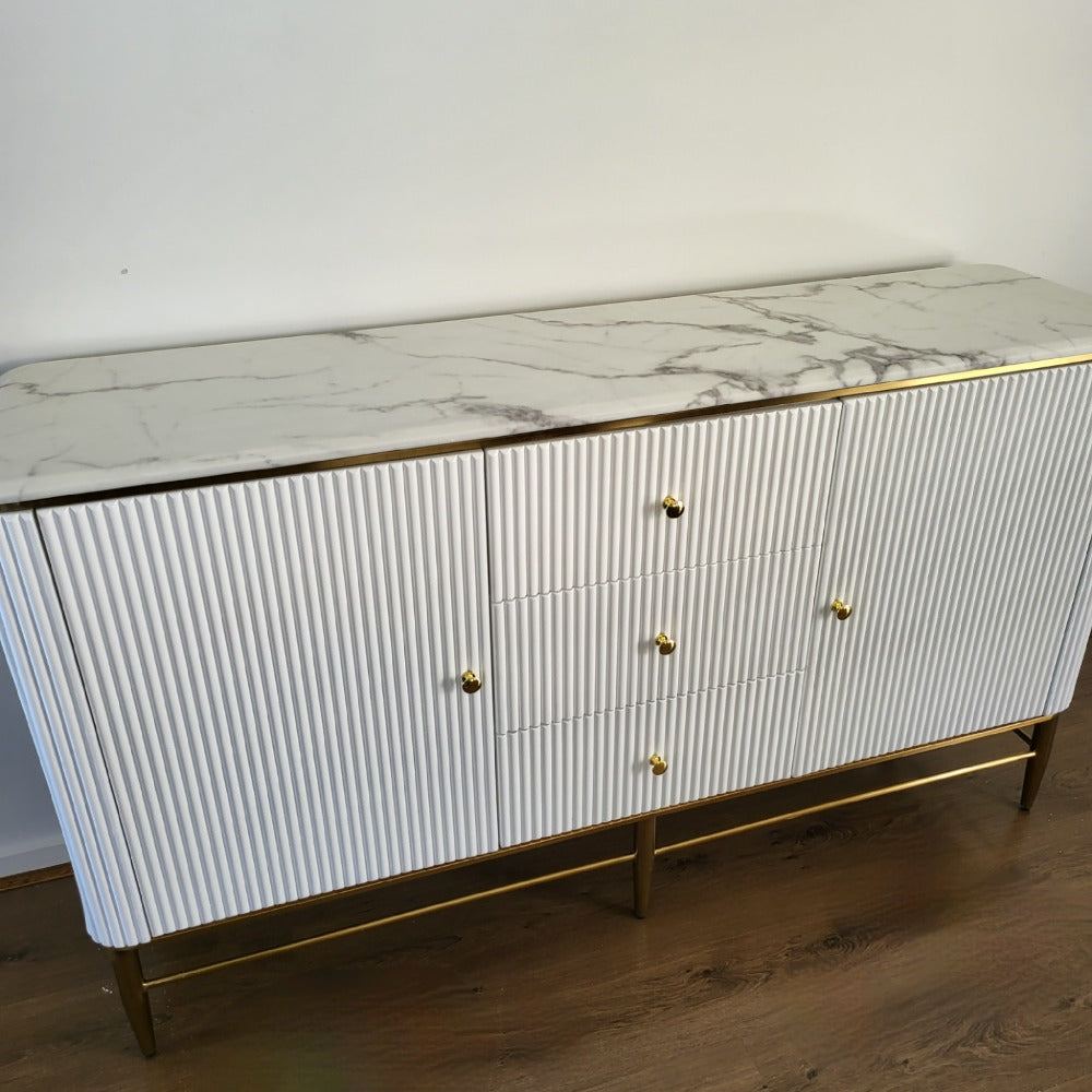 Buffet Cabinet in Bronze Storage Dining Room Buffet Cabinet with 2 Soft Close shelves and 3 Soft close Drawers in White MDF and Bronze