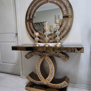 Rose Gold Chanel Diamond Crushed Glass Hallway Console Table and Mirror 