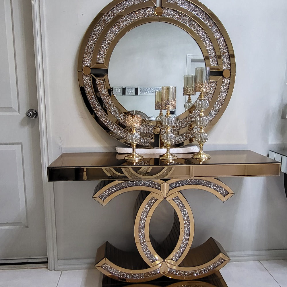 Rose Gold Chanel Diamond Crushed Console Table and Mirror 
