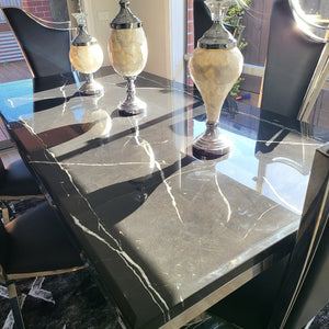 Classy Marble Dining Table with 6 Classy Black Leather Dining Room Chairs in Silver Stainless steel frame