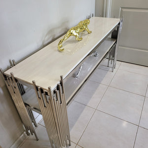 Elegant Cream Marble Hallway Console with Stainless Steel Frame in Silver