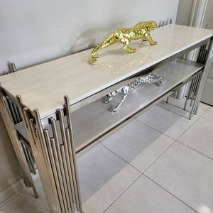 Elegant White Grey Marble Hallway / Entry Console with Stainless Steel Frame in Silver
