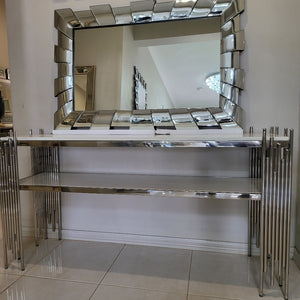 Classy and Elegant White Grey Marble Hallway / Entry Console Table with Stainless Steel Frame and Glass Mirror in Silver