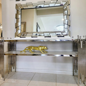 Classy and Elegant White Grey Marble Hallway / Entry Console Table with Stainless Steel Frame in Silver