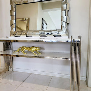Classy and Elegant White Grey Marble Hallway / Entry Console Table with Stainless Steel Frame and Classy Mirror in Silver