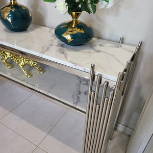 Elegant White Grey Marble Hallway Console with Stainless Steel Frame in Silver