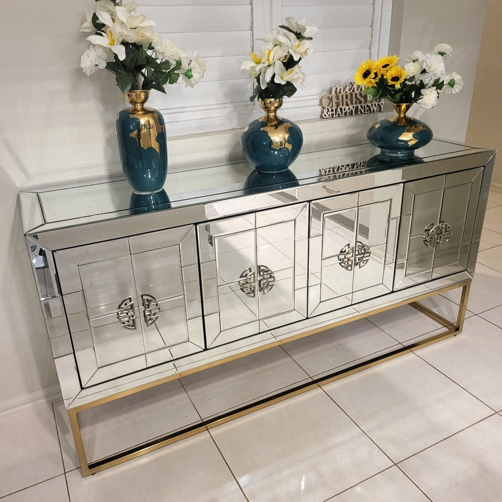 Glass Mirrored Silver Rochester Dining Room Buffet Cabinet with 4 Shelves and Bronze Stand