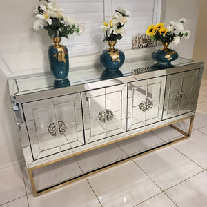 Glass Mirrored Silver Rochester Dining Room Buffet Cabinet with 4 Shelves and Bronze Stand