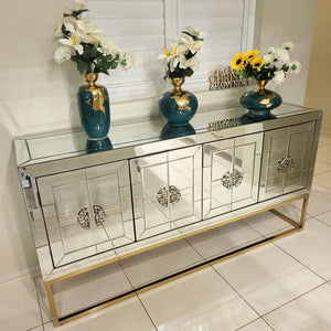 Classy Glass Mirrored Silver Rochester Dining Room Buffet Cabinet with 4 Shelves and Bronze Stand