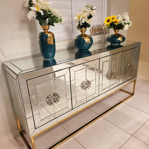 Modern Glass Mirrored Silver Rochester Dining Room Buffet Cabinet with 4 Shelves and Bronze Stand