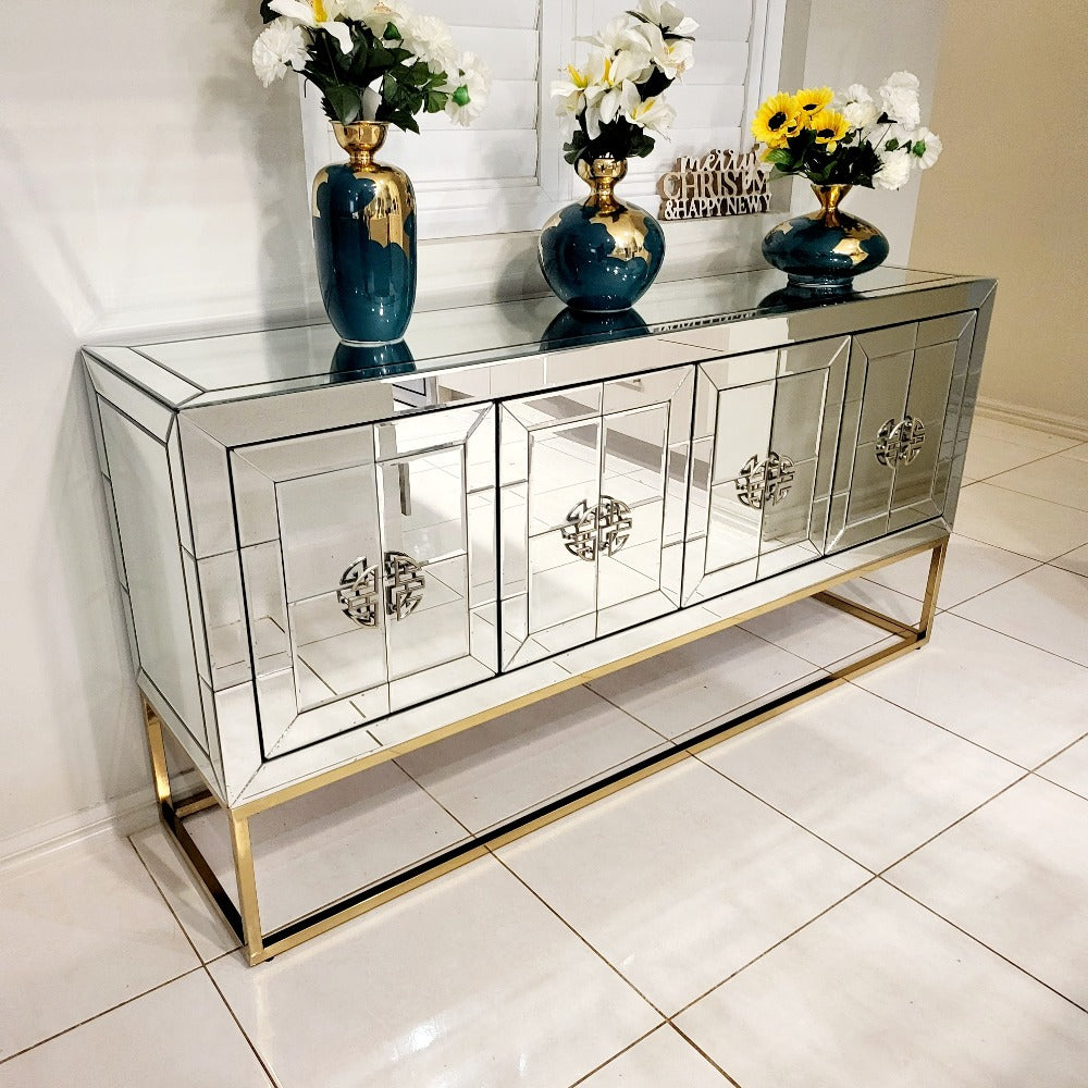 Glass Mirrored Silver Rochester Dining Room Buffet Cabinet with 4 Shelves and Bronze Stand