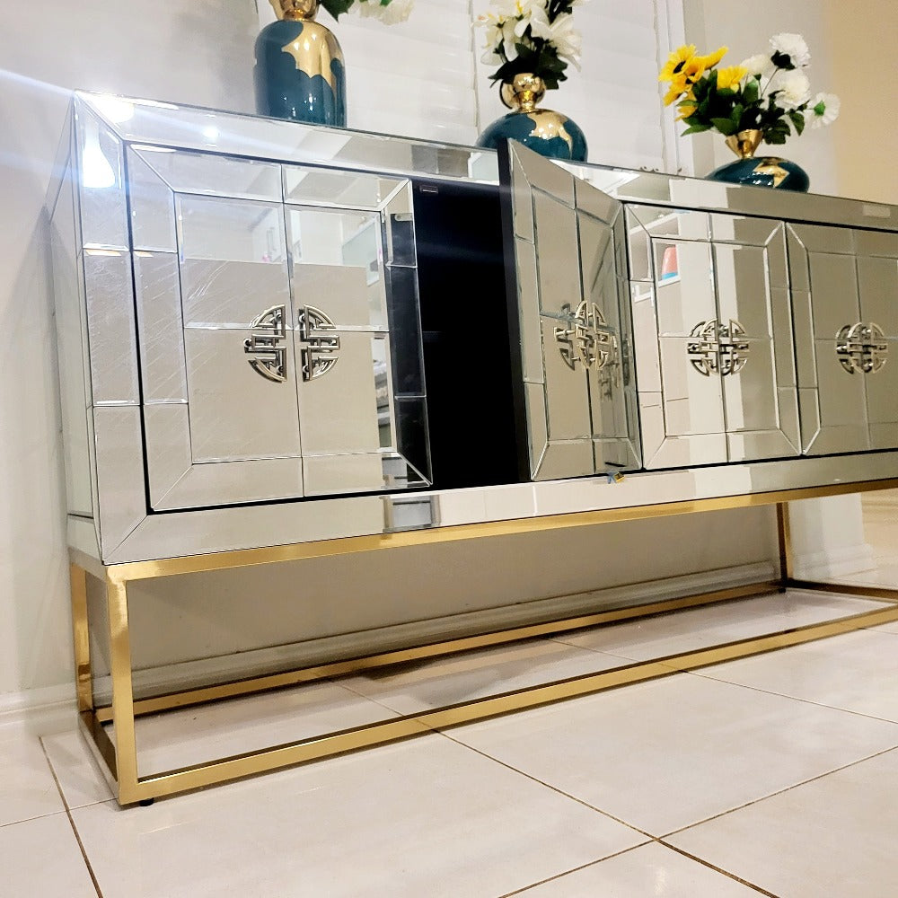 Elegant Glass Mirrored Silver Rochester Dining Room Buffet Cabinet with 4 Shelves and Bronze Stand