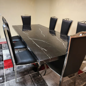 Modern Classy Marble Dining Table with 8 White Leather in Silver Stainless Steel frame
