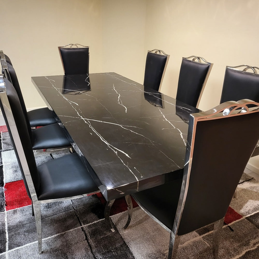 Modern Classy White Grey Marble Dining Table with 8 Modern Grey Leather in Silver Stainless Steel frame