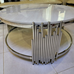 Classy Elegant Circle Round Black Marble Coffee Marble coffee Table with Silver Stainless Steel Frame