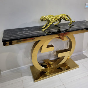 Classy GG Shaped Style Marble Hallway Console Table in Gold Stainless Steel Frame
