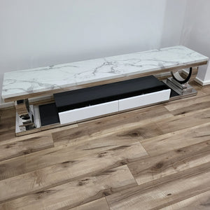Classic Modern Marble TV Stand with 2 Drawers in Silver Stainless Steel frame
