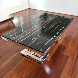 Modern Coffee Table with Black Grey Marble Top and Silver Stainless Steel Frame