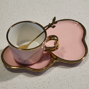 Golden Trim Modern Love Style Tea Cup, a Saucer and Gold Spoon in Pink