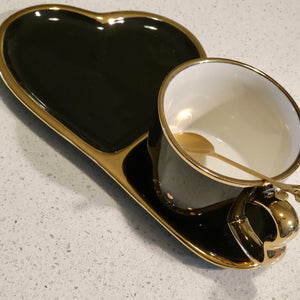 Golden Trim Modern Love Style Tea Cup, a Saucer and Gold Spoon in Black