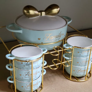 Stylish Ceramic Soup Pot and Serving Bowls blue
