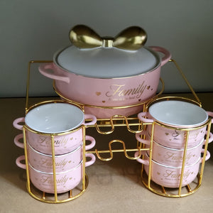 Stylish Ceramic Soup Pot and Serving Bowls in pink