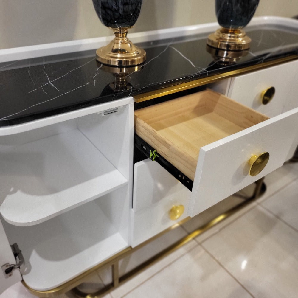 Classy High Glossy Buffet Cabinet in Bronze Storage Dining Room Buffet Cabinet with 2 shelves and 6 Drawers in Cream and Bronze frame