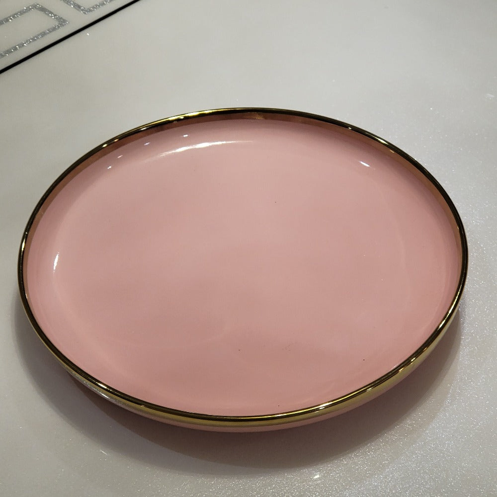Luxury, Modern, Classy and Elegant Ceramic Dinner Set with Golden Trim Line in Pink Colour Plate