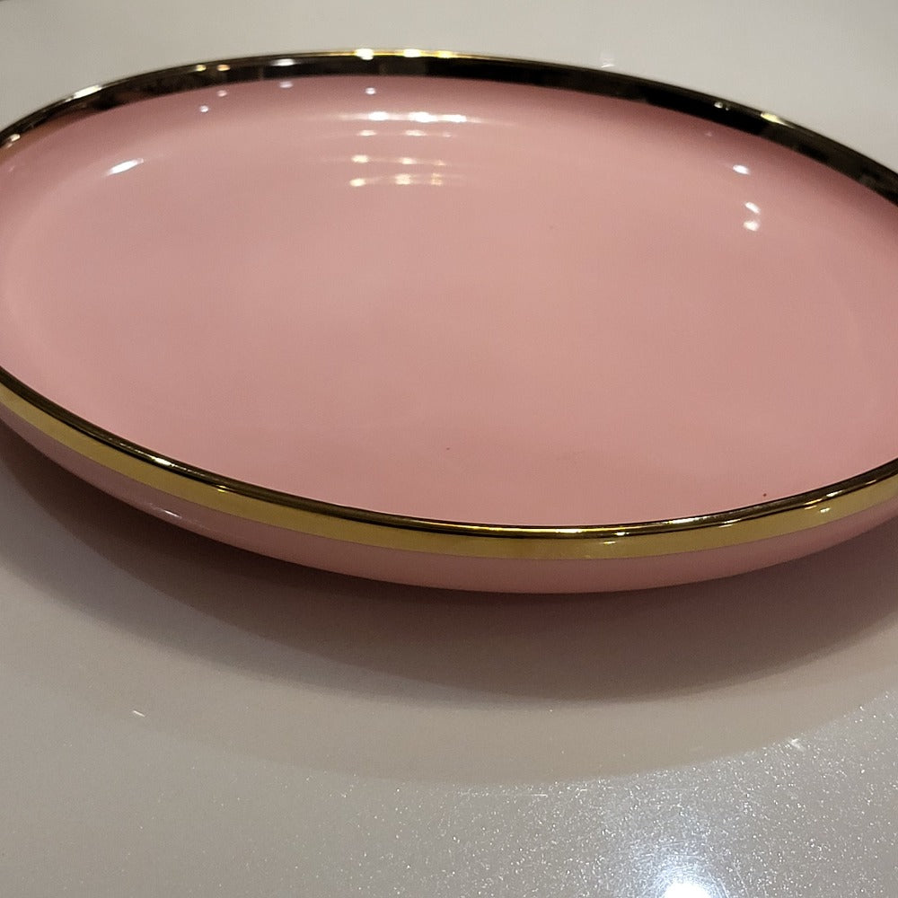 Luxury, Modern, Classy and Elegant Ceramic Dinner Set with Golden Trim Line in Pink Colour Plate
