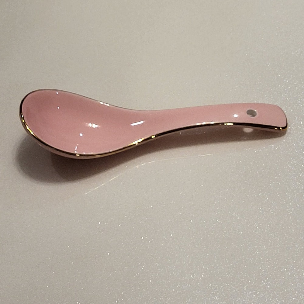 Luxury, Modern, Classy and Elegant Ceramic Dinner Set with Golden Trim Line in Pink Colour Serving Soup Spoon