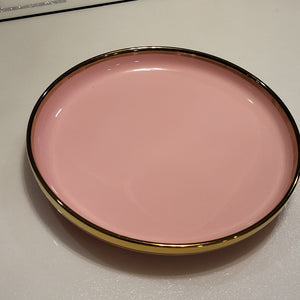 Luxury, Modern, Classy and Elegant Ceramic Dinner Set with Golden Trim Line in Pink Colour Serving Flat Plate