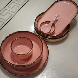 Modern, Classy and Elegant Ceramic Dinner Set with Golden Trim Line in Pink Colour