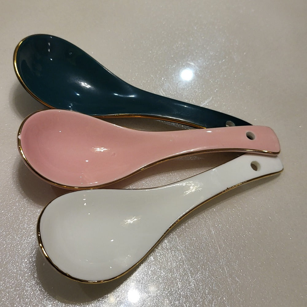 Modern, Classy and Elegant Ceramic Dinner Set with Golden Trim Line in Pink Colour Spoons