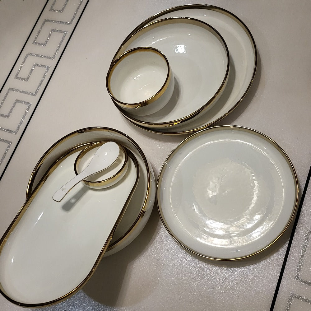 Modern, Classy and Elegant Ceramic dinner set with golden lining in pink, white and green plates
