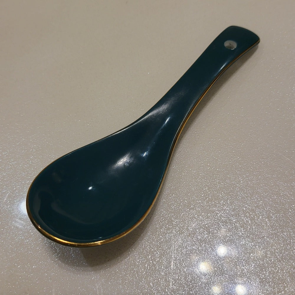 Luxury, Modern, Classy and Elegant Ceramic Dinner Set with Golden Trim Line in Green Colour Soup Spoon