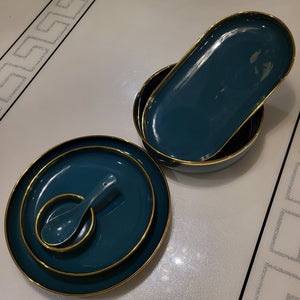 Luxury, Modern, Classy and Elegant Ceramic Dinner Set with golden lining in  green plates