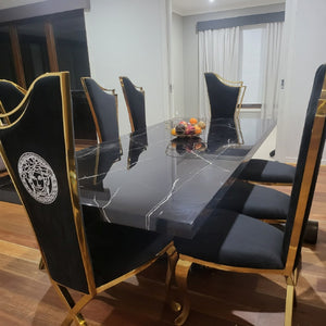 Eight Seater Marble Dining Table With Gold Classy Black Velvet Stainless Steel Frame Chairs