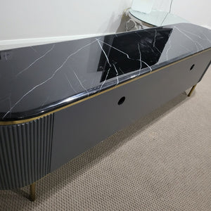 Classy Black MDF Material TV Stand with Blackish marble top and Bronze Stainless Steel frame