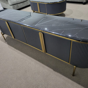 Modern Black MDF Material TV Stand with Blackish marble top and Bronze Stainless Steel frame