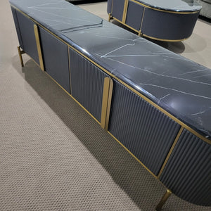 Black MDF Material TV Stand with Blackish marble top and Bronze Stainless Steel frame