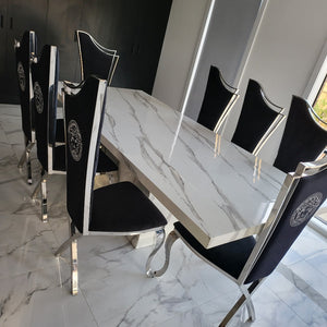 Classy Marble Dining Table With Black Velvet Classy Versace Style Dining Room Chairs in Silver Stainless Steel Frame