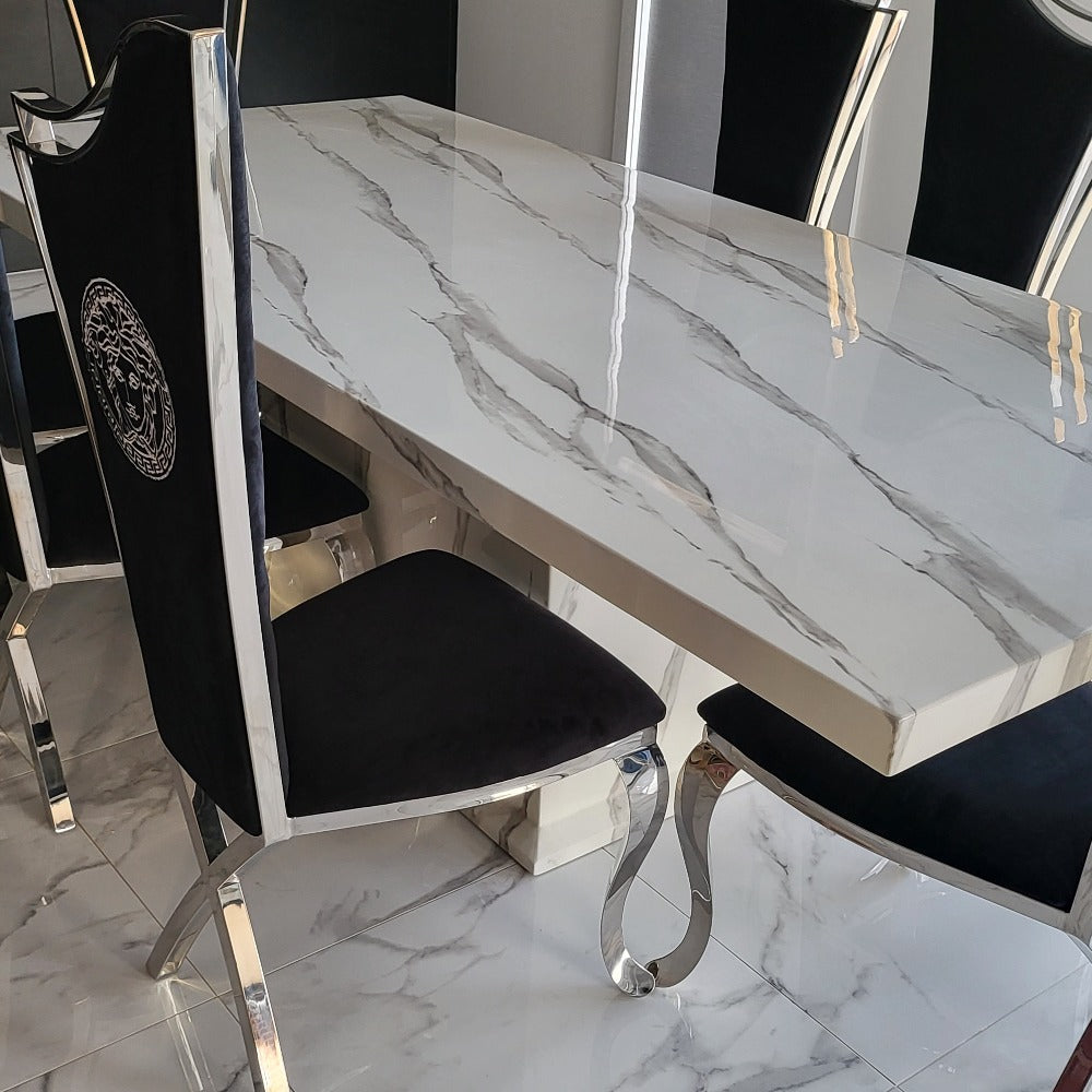 Classy Marble Dining Table With Black Velvet Classy Versace Style Dining Room Chairs in Silver Stainless Steel Frame